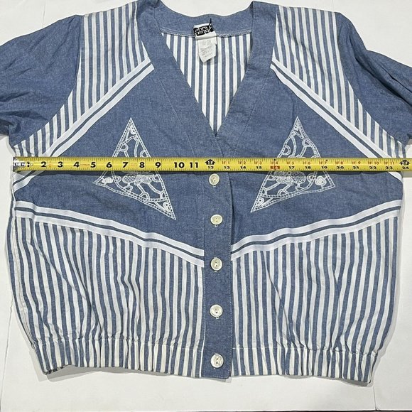 Vintage 80s Blue White Striped Cotton Pearl Button Oversized Jacket Women Medium - Picture 12 of 16